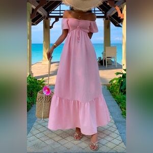 New Chic Ruched Front Off Shoulder Maxi Ruffle Dress Light Pink